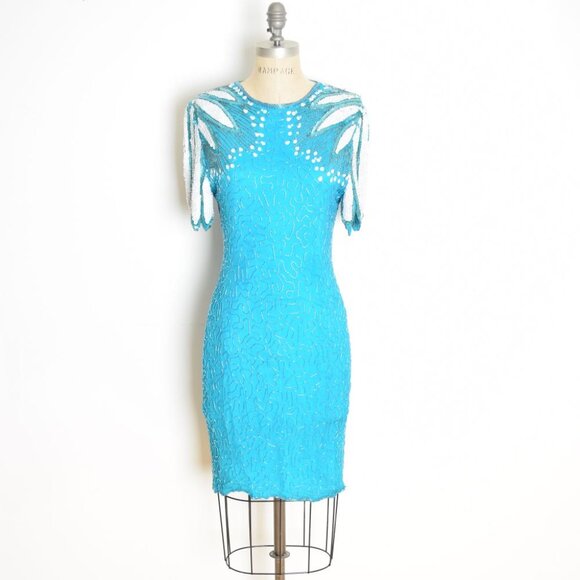vintage 80s dress sequin beaded blue silk flapper feathers party cocktail prom M - Picture 2 of 11